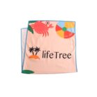 A beige square towel with blue edges, featuring a red cartoon crab, a colorful beach ball, and green leaves. The word lifeTree is printed in black with a small island and two palm trees icon underneath.