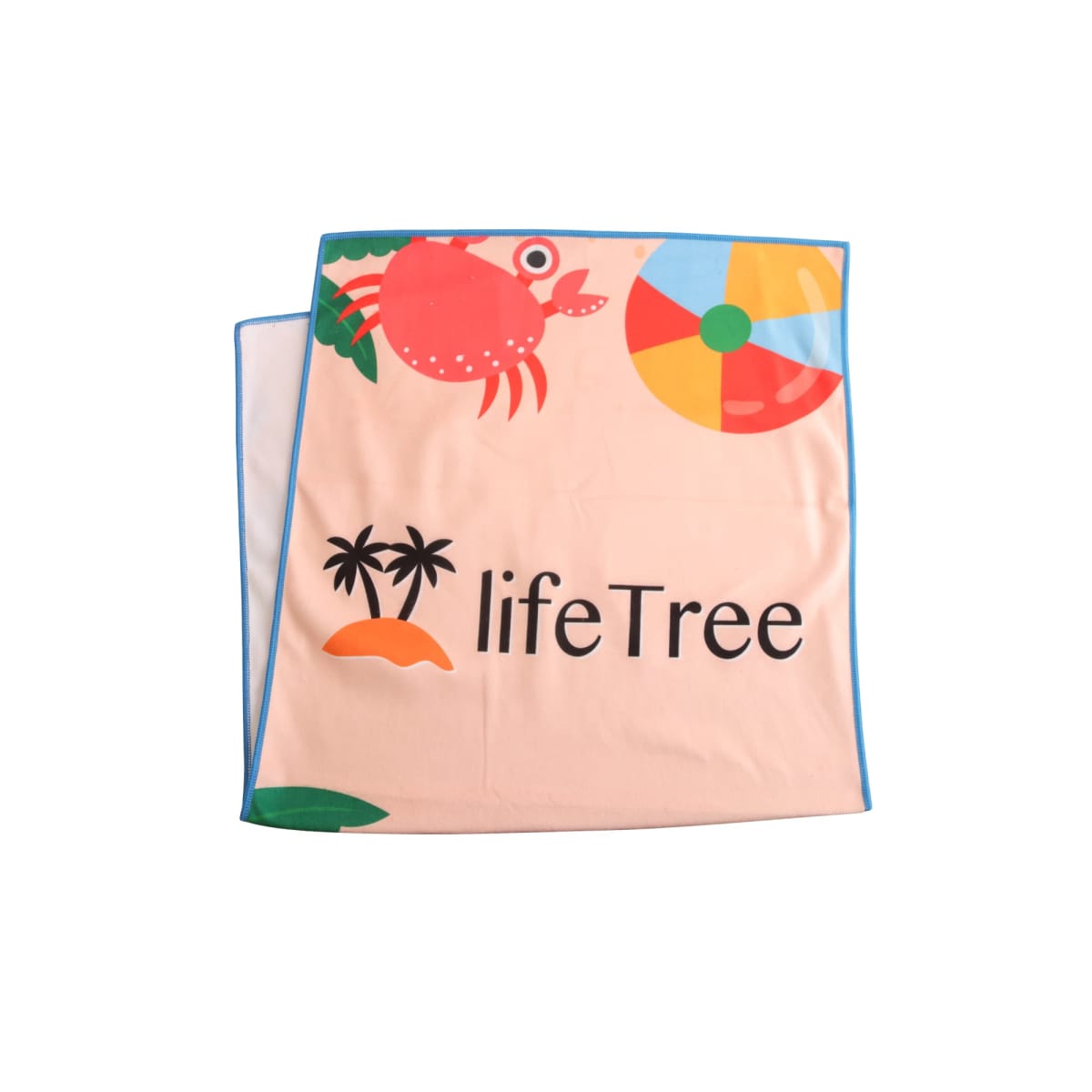 A beige square towel with blue edges, featuring a red cartoon crab, a colorful beach ball, and green leaves. The word lifeTree is printed in black with a small island and two palm trees icon underneath.