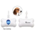 White, bone-shaped dog waste bag dispensers with a clip, featuring a blue opening and a brand logo. A circular image of a dogs head is displayed above them. Text reads 15 pcs wastebag.