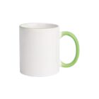White ceramic mug with a green handle and green rim, set against a plain white background.