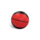 A red and black basketball with a textured surface is shown against a plain white background.