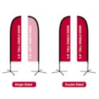 Illustration of two feather flags on stands. The left flag shows single-sided text; the right flag shows double-sided text. Both flags read 5.9 Tall Single Sided or Double Sided in white on red. Left flags reverse is pink.