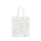 A white tote bag with light green line drawings of various fruits, including strawberries, cherries, apples, watermelon slices, grapes, bananas, and citrus slices, evenly distributed across the surface. The bag has two handles.