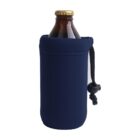 A brown glass bottle with a gold cap is partially covered by a dark blue neoprene sleeve with a drawstring. The sleeve covers most of the bottle, providing insulation. The drawstring is fastened with a black plastic toggle.