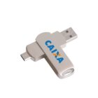 A dual-connector USB drive with a CAIXA logo. It features a standard USB connector on one side and a micro USB connector on the other. The drive is gray with a swivel cover design, isolated on a white background.