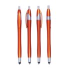 Four metallic orange ballpoint pens with silver accents stand upright against a white background. Each pen has a retractable tip and clip, with slight variations in design.