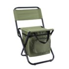 A foldable camping chair with an attached cooler bag in olive green. The chair has a simple metal frame and the cooler bag features a main compartment and a front zippered pocket. The design is practical for outdoor activities.
