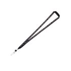 Black lanyard with BALENCIAGA written repeatedly in white. It features a metal clip at the end for attaching items like ID badges or keys. The design is simple and modern.