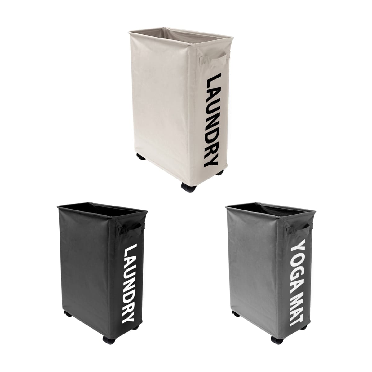 Three storage baskets labeled LAUNDRY and YOGA MAT on a white background.