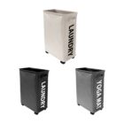 Three rectangular storage bins labeled LAUNDRY and YOGA MAT on wheels.