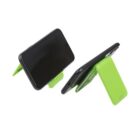 Two smartphones are propped up in landscape orientation using green folding stands. The stands support the phones at an angle, displaying their screens unobstructed. The setup is isolated on a white background.