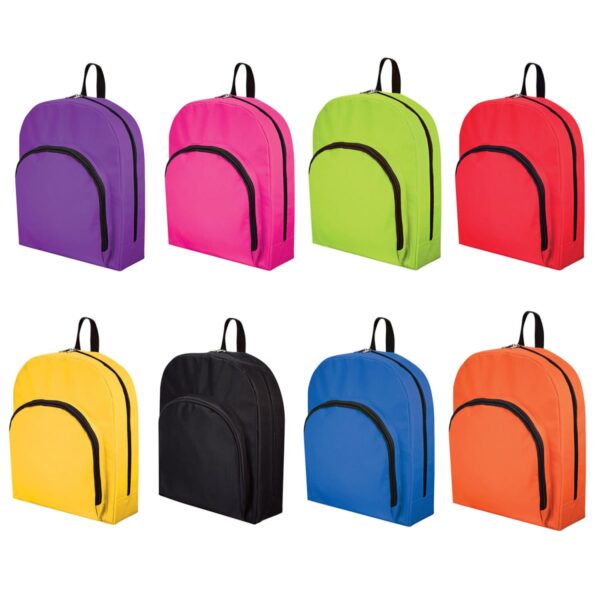 Eight backpacks in two rows. Top row: purple, pink, lime green, and red backpacks. Bottom row: yellow, black, blue, and orange backpacks. All have a front pocket and black zippers.