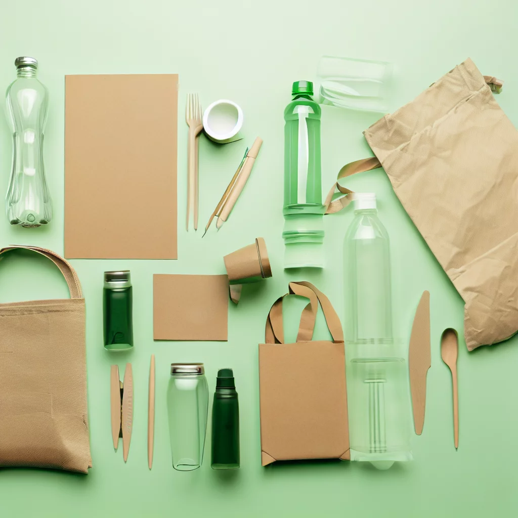 eco friendly bags, bottles, utentils in green background