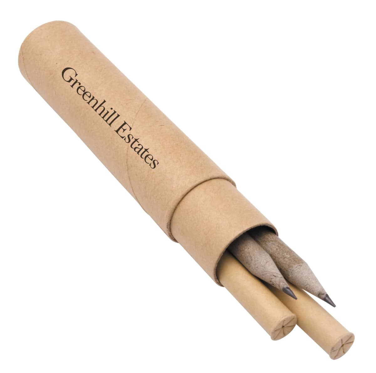 A brown cylindrical cardboard tube labeled Greenhill Estates containing three wooden pencils, with two partly visible inside and one fully outside.