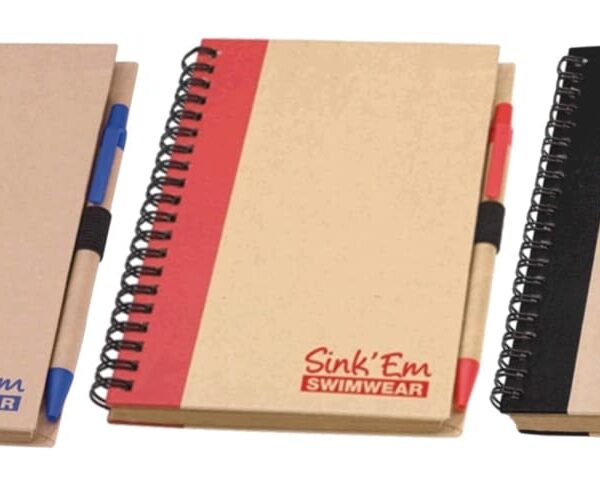 Three spiral-bound notebooks with a pen attached to each. The notebooks have beige covers with vertical colored stripes in blue, red, and black. The text Sink Em Swimwear is printed on the bottom right of each cover.