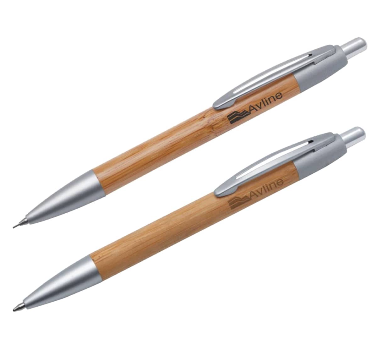 Two retractable ballpoint pens with bamboo barrels and silver accents, placed on a white background. They have clips and click mechanisms with Avline branding visible on the side.