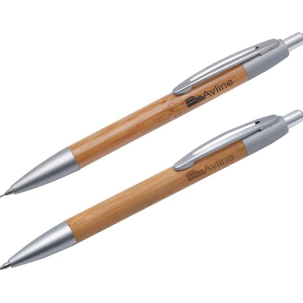 Two ballpoint pens with bamboo barrels and silver accents are pictured. The pens feature a silver clip and push-button mechanism at the top. The brand logo Aviline is printed on each pen.
