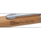 Close-up of a wooden pen with a silver clip, featuring the word Avline and a wavy logo engraved on its side.