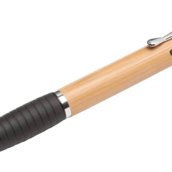 A bamboo pen with a black rubber grip and silver tip. It features a metal clip and the text COMSTOCK INTERNATIONAL in black on the wooden barrel.