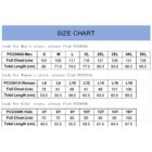 A size chart for clothing displaying measurements for mens, womens, and kids sizes. It includes full chest and total length in centimeters for each size category, ranging from small to extra large across different groups.