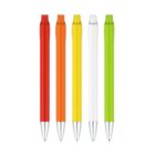 Five pens are aligned vertically upright with pointed ends facing down. From left to right, the pen colors are red, orange, yellow, white, and green. Each pen has a silver tip and a translucent clip matching its body color. The background is white.