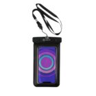 A smartphone inside a black waterproof pouch with a lanyard. The phones screen displays a geometric pattern of concentric circles in purple and aqua.