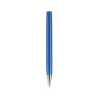 A sleek blue pen with a metallic finish, featuring a silver tip and minimalistic design, is presented vertically against a plain white background.