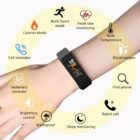 A fitness tracker on a wrist with icons surrounding it, highlighting features such as calories mode, heart rate monitoring, body temperature, blood oxygen, call reminder, sedentary reminder, waterproof, sleep monitoring, and more.