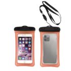 Two waterproof phone pouches with orange edges and black tops, displayed side by side. One shows a smartphone with apps visible, and the other shows the back of a phone with cameras. A detachable black strap is attached to one pouch.