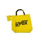 Yellow tote bag with a black handle and a small matching pouch. The bag features the brand name uvex printed in bold black letters across the front.
