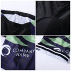 Collage of a custom cycling jersey featuring a close-up of the black elastic waistband, reinforced stitching, a section of the green and black abstract design, and a part with the text Company Name and a white circular logo.