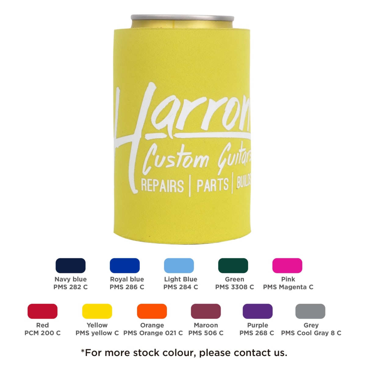 A yellow drink cooler with white text on it. Below are a selection of color swatches with names and PMS codes, including navy blue, royal blue, light blue, green, pink, red, yellow, orange, maroon, purple, and grey.