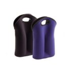 Two insulated neoprene bottle totes with handles. One is purple and the other is black. They are designed to carry and protect bottles, featuring a flexible and modern design.