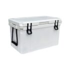 A large white cooler with a rectangular shape. It features a secure lid with two black latches and has handles on both sides for easy carrying.
