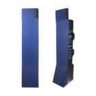 Two tall, rectangular cardboard stands in dark blue. One is viewed from the front, showing a plain surface, while the other is viewed from the side, revealing printed product information and a base for stability.