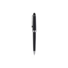 A black fountain pen with a silver clip and trim is centered against a white background. The pen is capped, showing a sleek and polished design.