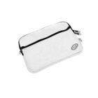 A white laptop sleeve with black zippers and a small logo in the corner. It has two compartments, one large and one smaller.
