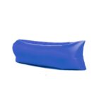 A blue inflatable lounger with a tubular shape is shown against a plain white background. The lounger appears soft and cushioned, ideal for relaxing outdoors.