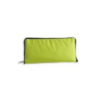 A rectangular green pencil case with a black zipper, lying flat against a white background.