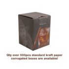 A brown corrugated box with an image of a man in a hat and a glass of whiskey with a cigar on the front. The text below reads, Qty over 500pcs standard kraft paper corrugated boxes are available!.