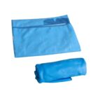 A blue microfiber towel is shown, with one piece folded neatly beside a zippered pouch in the same fabric. The pouch displays a subtle abstract design.