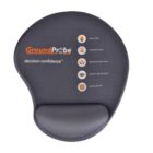 A dark gray ergonomic mouse pad with a wrist support. The design features the logo GroundProbe, the phrase decision confidence, and five icons with text: Safety First, Customer Focus, Innovative Solutions, Honesty and Integrity, People Matter.