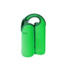 Bright green insulated bottle tote with two compartments, designed to hold and carry bottles. It has a handle at the top and the brand BUILT printed on the side.