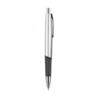 A silver and black ballpoint pen with a click mechanism and a pocket clip, displayed against a plain white background.