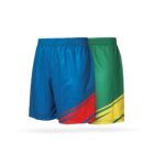 Two pairs of athletic shorts side by side. One is blue with red and navy stripes, and the other is green with yellow and dark green stripes. Both have elastic waistbands and are displayed on a white background.