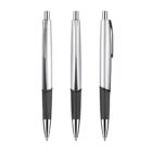 Three silver and black retractable ballpoint pens are aligned vertically against a white background. Each pen features a sleek, metallic body with a black grip and a clip near the top.