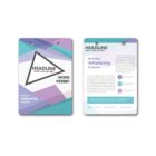 Two vertical cards with geometric designs and text placeholders. The left card has a WORK PERMIT label, and the right card displays paragraphs with headings. Colors include purple, teal, and gray, with triangle and stripe accents.