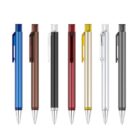 Seven pens arranged vertically, each with a different colored barrel: blue, brown, black, red, cream, silver, and gray. Each pen has a metal clip and tip, with a sleek, modern design.