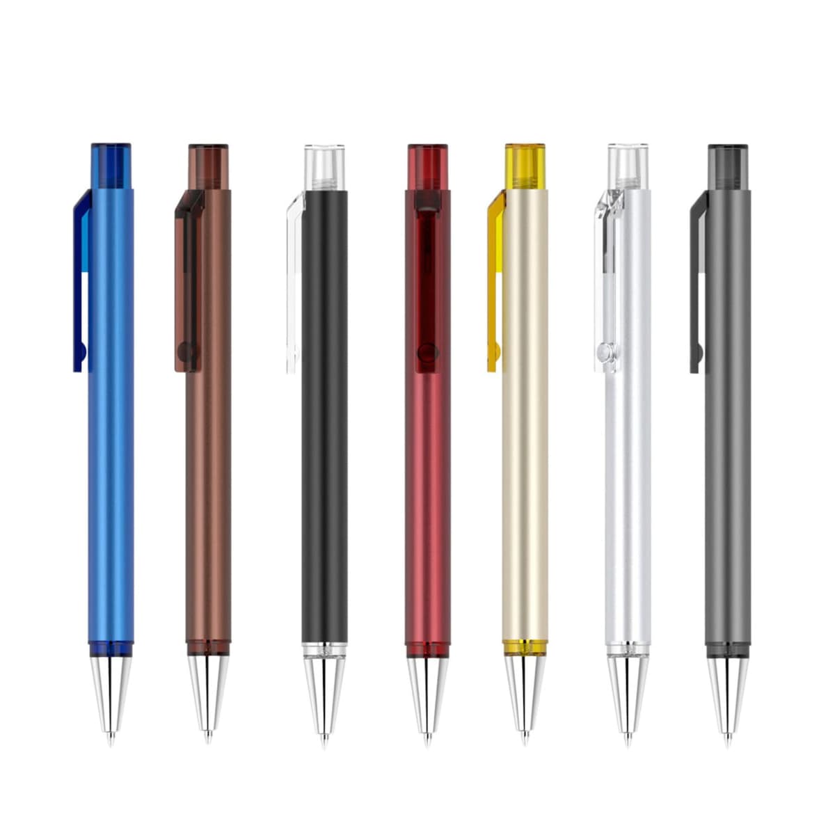 Seven pens arranged vertically, each with a different colored barrel: blue, brown, black, red, cream, silver, and gray. Each pen has a metal clip and tip, with a sleek, modern design.