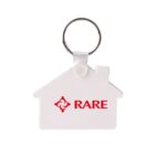 A house-shaped keychain with a silver ring. The keychain is white and features a red logo and the word RARE on the front.